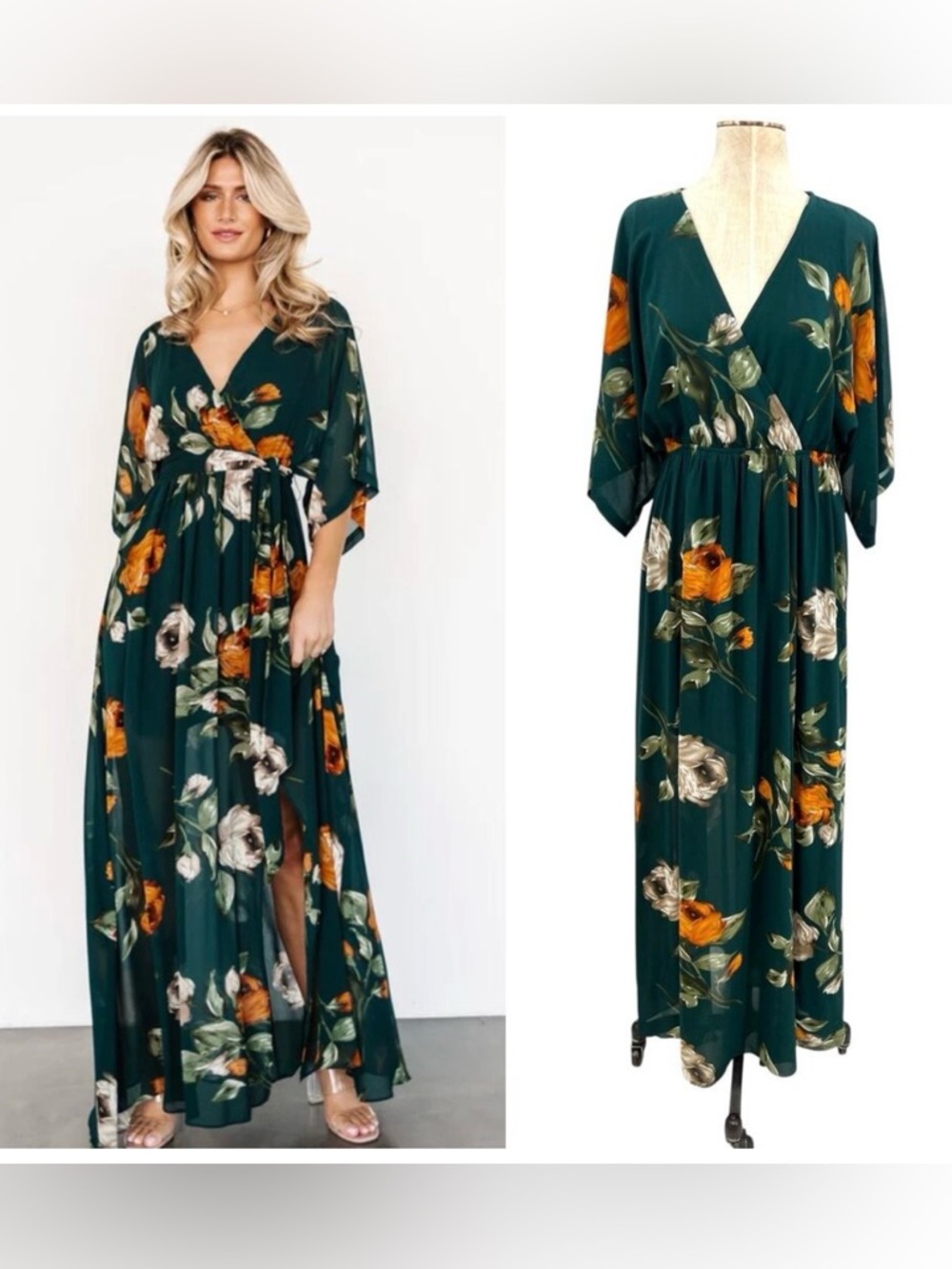 BalticBorn Emerald Green Floral Maxi Dress with Tie Waist - Picture 3 of 6